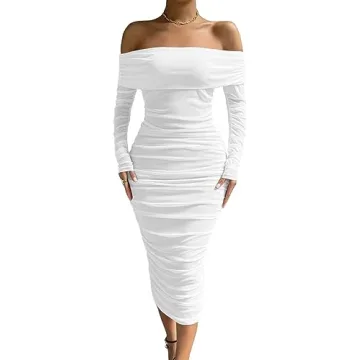 LAGSHIAN Women Sexy Off Shoulder Long Sleeve Bodycon Ruched Midi Elegant Cocktail Party Dress Deep B...