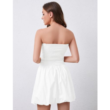 Ymejia Women's Ruched Strapless Mini Dress Flowy Slim Fit