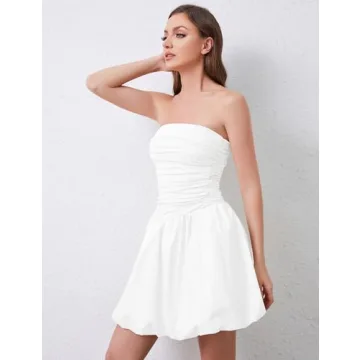 Ymejia Women's Ruched Strapless Mini Dress Flowy Slim Fit