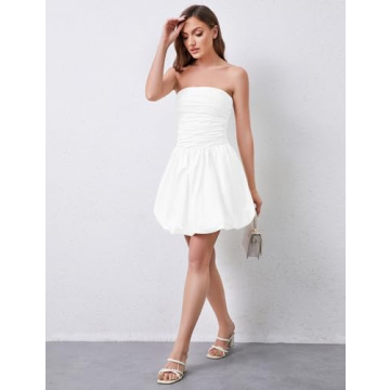 Ymejia Women's Ruched Strapless Mini Dress Flowy Slim Fit