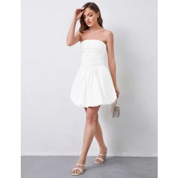 Ymejia Women's Ruched Strapless Mini Dress Flowy Slim Fit