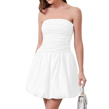 Ymejia Women's Ruched Strapless Mini Dress Flowy Slim Fit