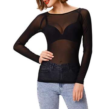 GRACE KARIN Women's Elastic Mesh Sheer T-Shirt Top Blouse Size XL Black CL046-1