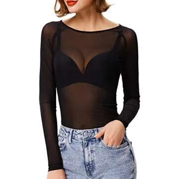 GRACE KARIN Women's Elastic Mesh Sheer T-Shirt Top Blouse Size XL Black CL046-1