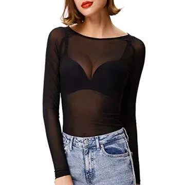 GRACE KARIN Women's Elastic Mesh Sheer T-Shirt Top Blouse Size XL Black CL046-1