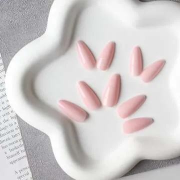 KQueenest Dusty Pink Press on Nails Medium Almond, Gel Fake Nails Press on, Glue on Nails Medium Length, Neutral Stiletto Acrylic Nails, Reusable False Nails with UV Coating for DIY Manicure in 24 Pcs