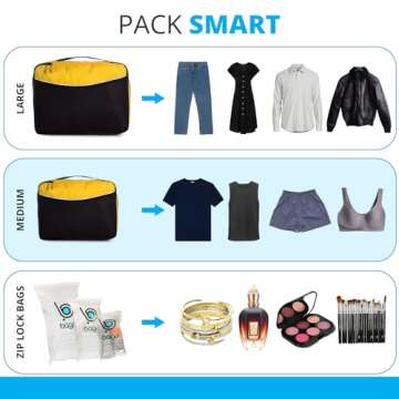 bago 7 Pcs Packing Cubes for Suitcases - 4 Travel Cubes with 3 ZipLock Bags - Luggage Organizer Bags to Get Maximum Storage, Save Time & Effort to Pack - Happy Traveling (Yellow)