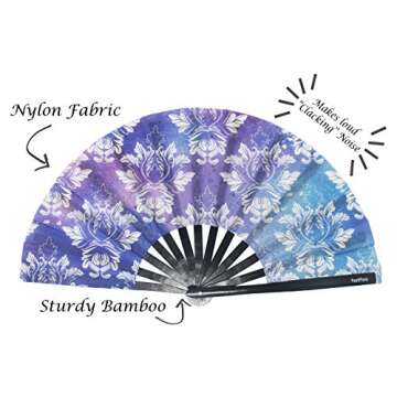 FestiFanz Large Victorian Blue Folding Hand Fan, Large Folding Fan, Rave Fan, Festival Fan, Club Fan, Bamboo Fan - for Events, Dance, Performance, Festivals
