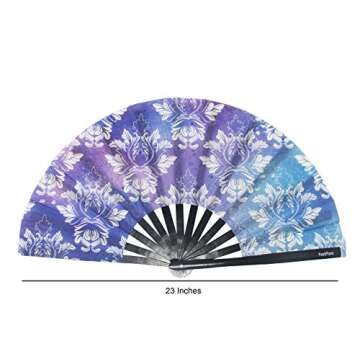 FestiFanz Large Victorian Blue Folding Hand Fan, Large Folding Fan, Rave Fan, Festival Fan, Club Fan, Bamboo Fan - for Events, Dance, Performance, Festivals