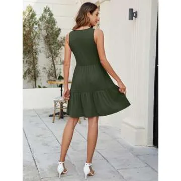 Eayouko Womens Summer Dresses V Neck Tank Tiered Flowy Mini A Line Casual Sundress with Pockets Olive