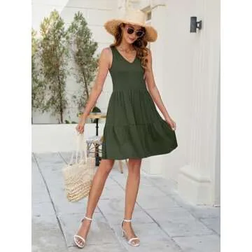 Eayouko Womens Summer Dresses V Neck Tank Tiered Flowy Mini A Line Casual Sundress with Pockets Olive