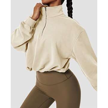 QINSEN Women's Half Zip Crop Sweatshirt High Neck Long Sleeve Pullover Athletic Cropped Tops Apricot L