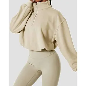 QINSEN Women's Half Zip Crop Sweatshirt High Neck Long Sleeve Pullover Athletic Cropped Tops Apricot L