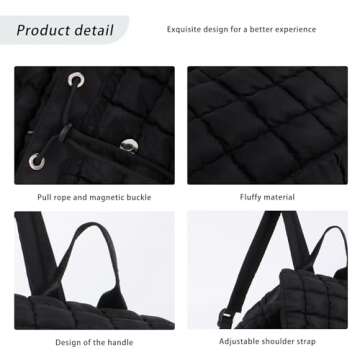 GOKTOW Quilted Backpack for Women, Puffer Gym Bag for Travel Sports Lightweight Drawstring.Black