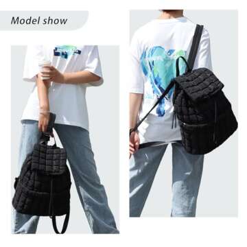GOKTOW Quilted Backpack for Women, Puffer Gym Bag for Travel Sports Lightweight Drawstring.Black