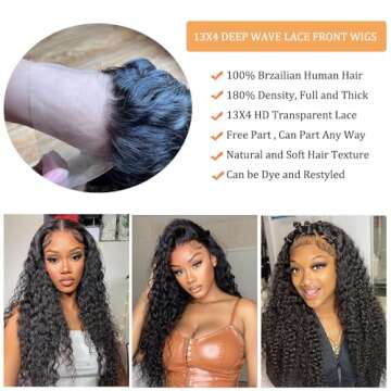 20inch Deep Wave Lace Frontal Wigs Human Hair 13x4 HD Transparent Deep Wave Frontal Wigs Human Hair Pre Plucked with Baby Hair 180% Density Deep Curly Lace Front Human Hair Wigs for Women (20inch)