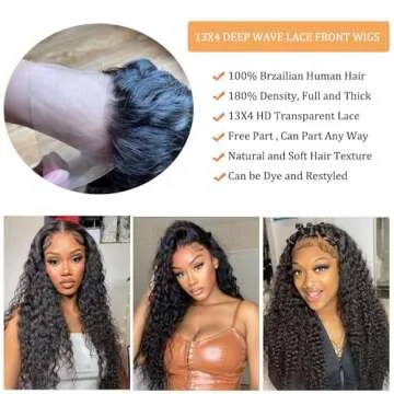 20inch Deep Wave Lace Frontal Wigs Human Hair 13x4 HD Transparent Deep Wave Frontal Wigs Human Hair Pre Plucked with Baby Hair 180% Density Deep Curly Lace Front Human Hair Wigs for Women (20inch)