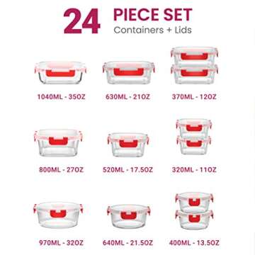 FineDine 24 Piece Glass Storage Containers with Lids - Leak Proof, Dishwasher Safe Glass Food Storag...
