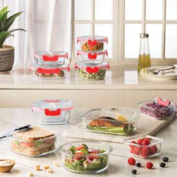 FineDine 24 Piece Glass Storage Containers with Lids - Leak Proof, Dishwasher Safe Glass Food Storage Containers for Meal Prep or Leftovers (Red, 24 Piece)