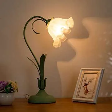 Eapmic Modern Bedside Lamp Stained Glass Flower Table Reading Lamps Nightstand Desk Lights, One-Light,19.6 inches Tall for Bedroom, Living Room, Office, Dresser (Green)