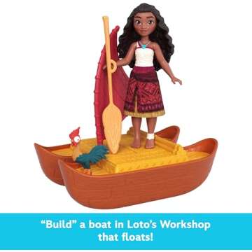 Mattel Disney Moana 2 Toys, Moana & Loto’s Workshop Playset with 2 Small Dolls, Heihei Figure, Floating Boat & 5 Accessories