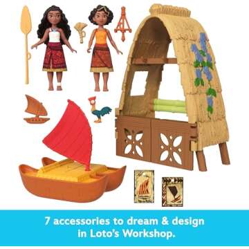 Mattel Disney Moana 2 Toys, Moana & Loto’s Workshop Playset with 2 Small Dolls, Heihei Figure, Floating Boat & 5 Accessories
