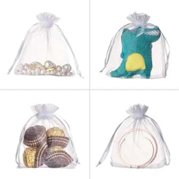 100PCS 4x4.72 inches Sheer Organza Bags, White Wedding Favor Bags with Drawstring, Jewelry Gift Bags for Party, Festival, Makeup Organza Favor Bags, Net Gift Bags, Drawstring Goody Bags (White)