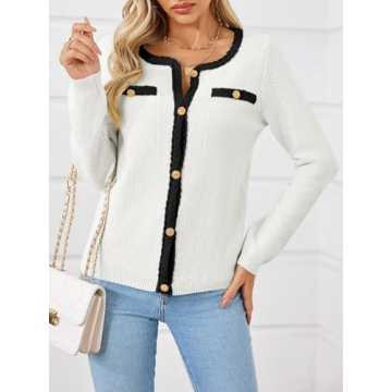 Saodimallsu Womens Button Up Cardigan Long Sleeve Open Front Cable Knit Fall Trendy Sweater Jacket with Pockets White, X-Large