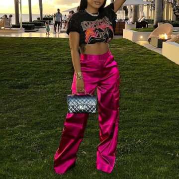 XZLUFNY Elastic Satin Parachute Pants for Women Daily Wear Empire Wasit Breathable Fabric Wide Leg Trousers Rose Red M