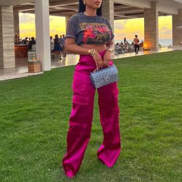 XZLUFNY Elastic Satin Parachute Pants for Women Daily Wear Empire Wasit Breathable Fabric Wide Leg Trousers Rose Red M