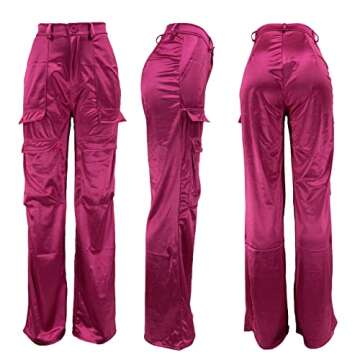 XZLUFNY Elastic Satin Parachute Pants for Women Daily Wear Empire Wasit Breathable Fabric Wide Leg Trousers Rose Red M