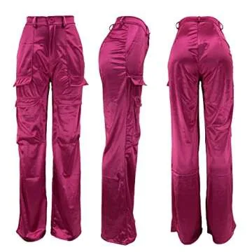XZLUFNY Elastic Satin Parachute Pants for Women Daily Wear Empire Wasit Breathable Fabric Wide Leg Trousers Rose Red M