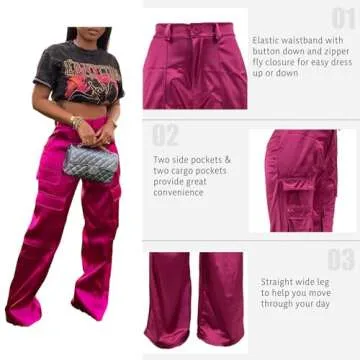 XZLUFNY Elastic Satin Parachute Pants for Women Daily Wear Empire Wasit Breathable Fabric Wide Leg Trousers Rose Red M