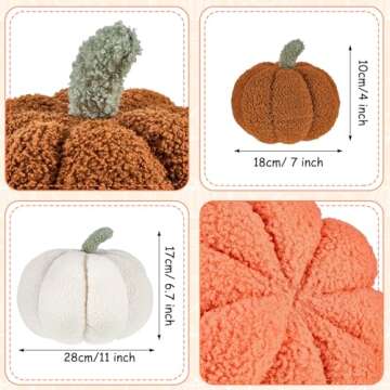 Juexica Halloween Stuffed Pumpkin Fluffy Plush Toy 3D Shaped Decorative Thanksgiving Pillow Soft Cute Throw Kids Toddlers Babies (White, Orange, Brown,3 Pieces)