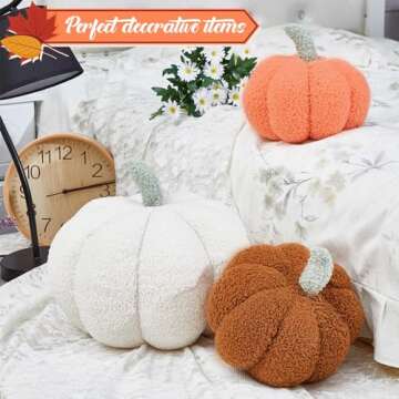 Juexica Halloween Stuffed Pumpkin Fluffy Plush Toy 3D Shaped Decorative Thanksgiving Pillow Soft Cute Throw Kids Toddlers Babies (White, Orange, Brown,3 Pieces)