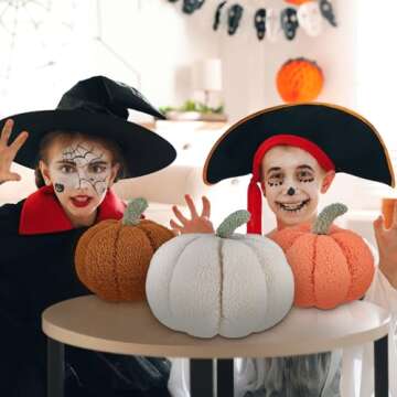 Juexica Halloween Stuffed Pumpkin Fluffy Plush Toy 3D Shaped Decorative Thanksgiving Pillow Soft Cute Throw Kids Toddlers Babies (White, Orange, Brown,3 Pieces)