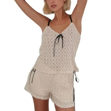 HOXIJIA Women Lace Flower 2 Piece Sets - Sexy Sheer Mesh Slim Fit Outfit