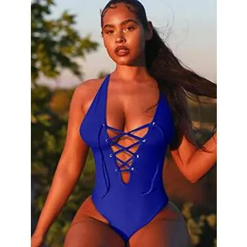 ZileZile Women's Sexy Summer Deep V Neck Lace Up Strappy Cross Backless Monokini High Waist Bathing Swimsuits RoyalBlue