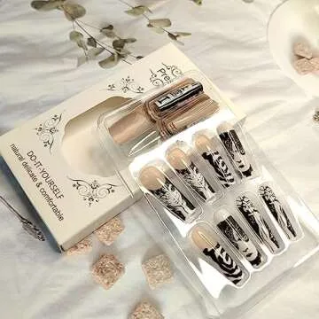 24Pcs Long Press on Nails Square Coffin Fake Nails Punk Cartoon Anime Design Black White Full Cover French Tip False Nails Gloss Glue on Nails with Design Acrylic Nails for Women Manicure Tips Decor