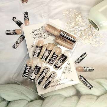 24Pcs Long Press on Nails Square Coffin Fake Nails Punk Cartoon Anime Design Black White Full Cover French Tip False Nails Gloss Glue on Nails with Design Acrylic Nails for Women Manicure Tips Decor