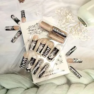 24Pcs Long Press on Nails Square Coffin Fake Nails Punk Cartoon Anime Design Black White Full Cover French Tip False Nails Gloss Glue on Nails with Design Acrylic Nails for Women Manicure Tips Decor