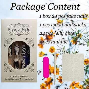 24Pcs Long Press on Nails Square Coffin Fake Nails Punk Cartoon Anime Design Black White Full Cover French Tip False Nails Gloss Glue on Nails with Design Acrylic Nails for Women Manicure Tips Decor