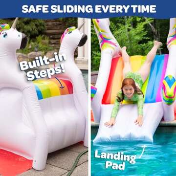 Giant Inflatable Unicorn Pool Slide w/Built-in Side Water Sprinklers for Kids- Extra Large Size (98"x 51"x 51")- Soft Landing Pad, Durable, Easy to Inflate - Perfect for Parties Outdoor Fun, Gift