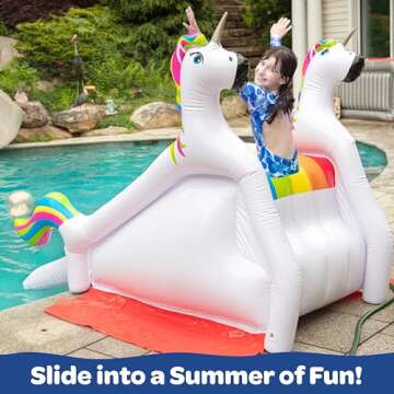 Giant Inflatable Unicorn Pool Slide w/Built-in Side Water Sprinklers for Kids- Extra Large Size (98"x 51"x 51")- Soft Landing Pad, Durable, Easy to Inflate - Perfect for Parties Outdoor Fun, Gift