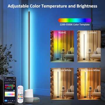 YSJ RGB LED Corner Floor Lamp, LED Floor Lamp,Corner LED Lamp,Corner Light,Color Changing Lamp with Remote and App Control,DIY Mode & Timing,Modern 55''Minimalist Lit Lamp for Bedroom Living Room