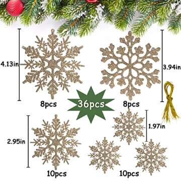 36pcs Christmas Champagne Gold Snowflake Ornaments Plastic Glitter Snow Flakes Ornaments for Winter Christmas Tree Decorations Size Varies Craft Snowflakes
