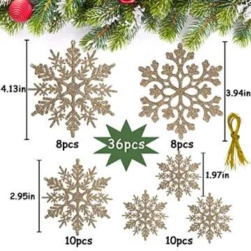 36pcs Christmas Champagne Gold Snowflake Ornaments Plastic Glitter Snow Flakes Ornaments for Winter Christmas Tree Decorations Size Varies Craft Snowflakes