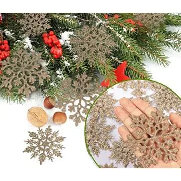 36pcs Christmas Champagne Gold Snowflake Ornaments Plastic Glitter Snow Flakes Ornaments for Winter Christmas Tree Decorations Size Varies Craft Snowflakes