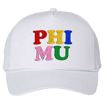 Phi Mu Rainbow Trucker Hat White