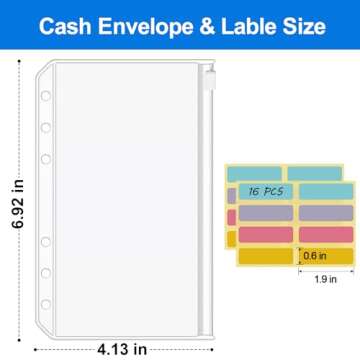 KTRIO 16PCS A6 Binder Pockets 6 Holes Cash Envelopes for Budgeting, Clear Zipper Pouch Folders A6 Pl...